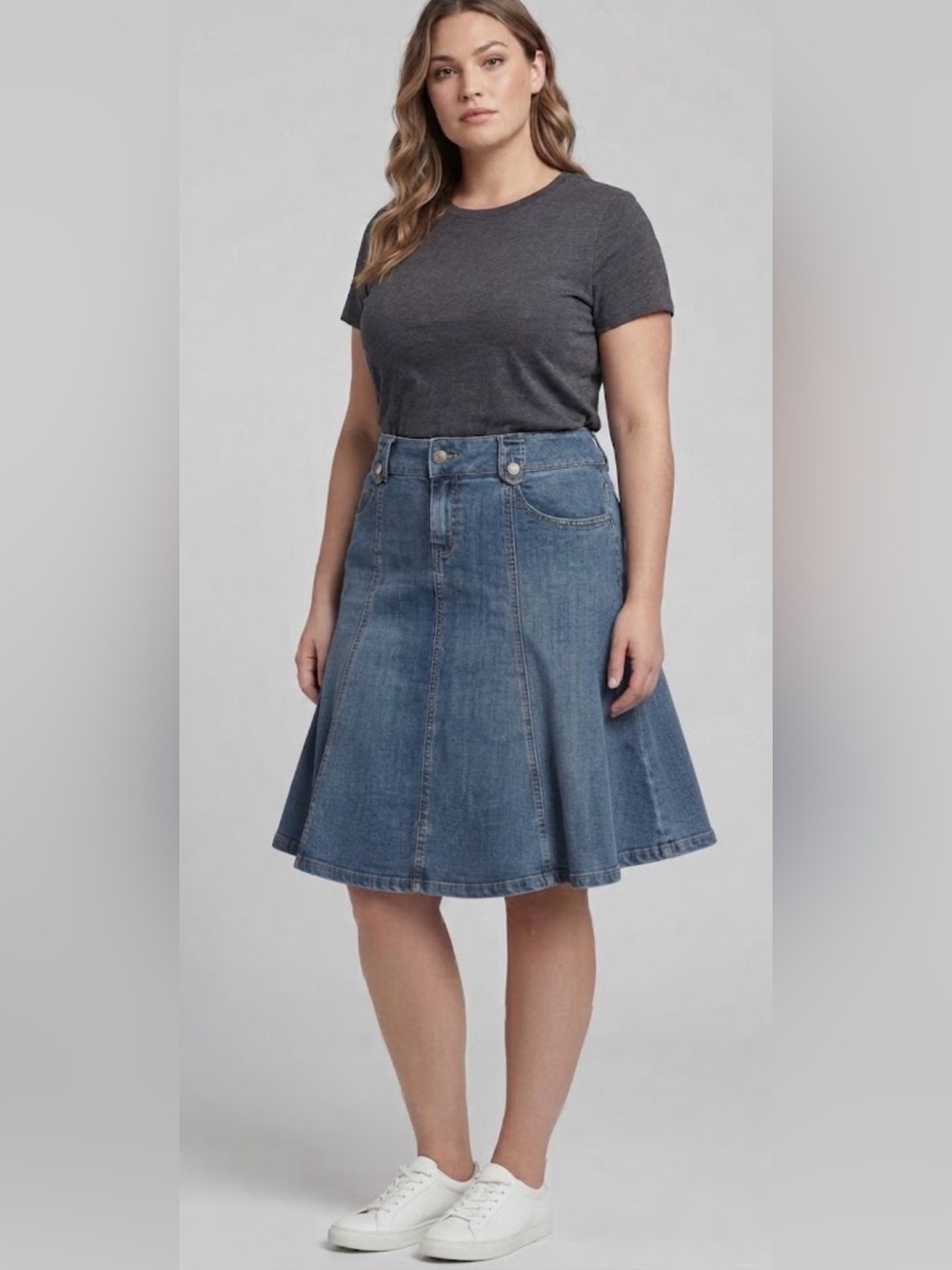 Vintage Rewind Denim Lace Flare Midi Skirt Stretch Size 11 A Line